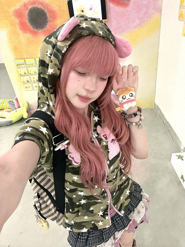 Camouflage Subculture Zip-Up T-shirt with Bear Ears Hood