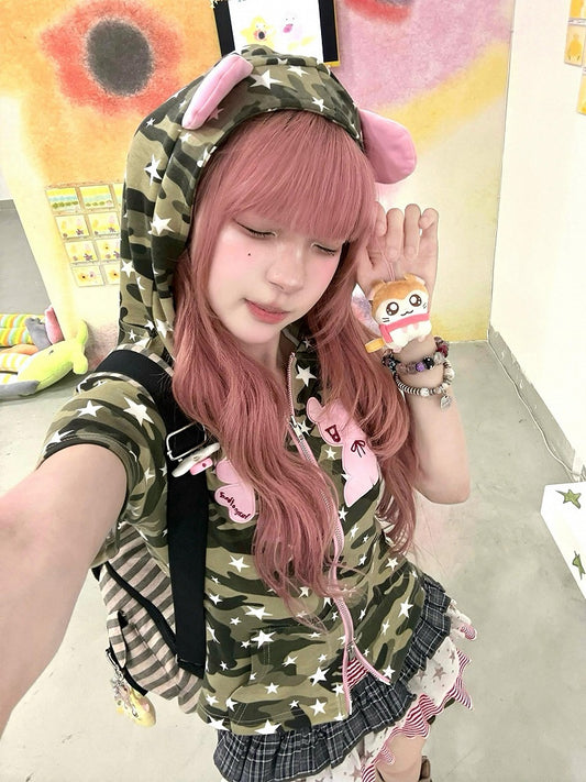 Camouflage Subculture Zip-Up T-shirt with Bear Ears Hood
