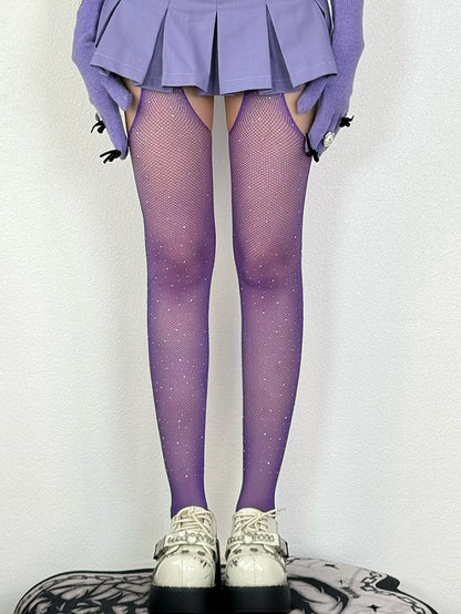 6 Color Options Wasteland Punk Rhinestone Decorated Suspender Stockings