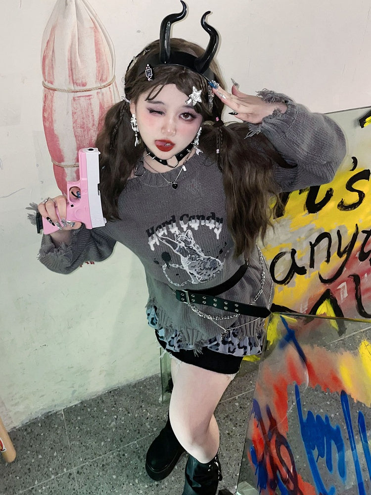 Plus Size Gray Kitty Sweater Distressed Holes