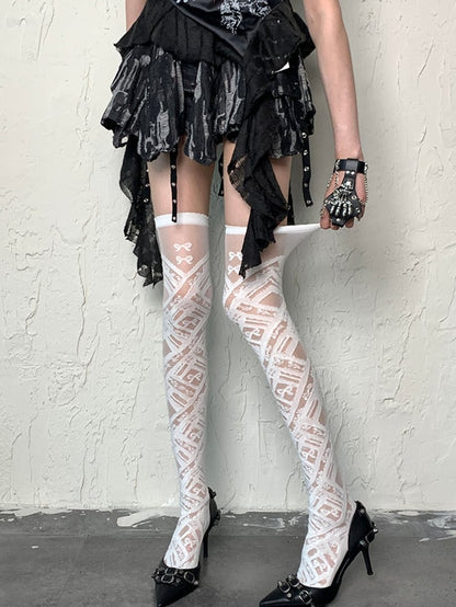 White Y2K Bowknot Details Overknee Stockings