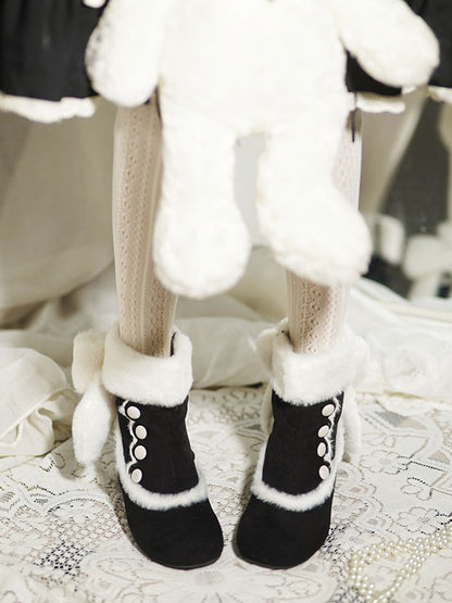 Black Sweet Lolita Mid-Calf Boots - Button Accents, Plush Bow & Furry Cuff with Inner Zip