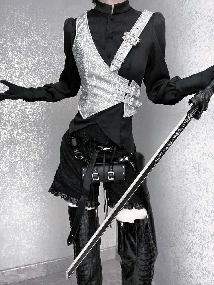 Silver Buckle Straps Asymmetrical Design Snakeskin-grain Leather Waistcoat