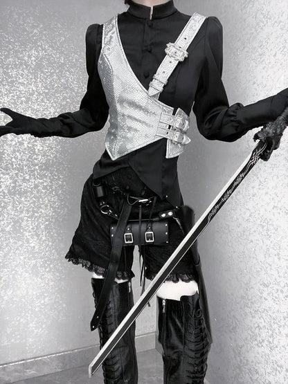 Silver Buckle Straps Asymmetrical Design Snakeskin-grain Leather Waistcoat
