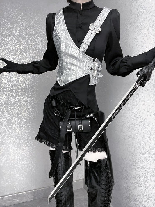Silver Buckle Straps Asymmetrical Design Snakeskin-grain Leather Waistcoat