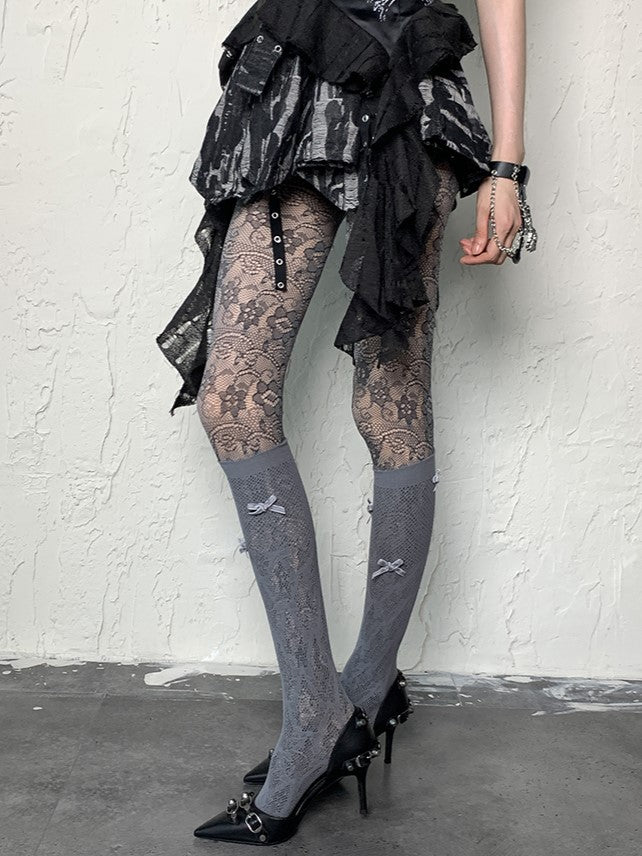 Gray Y2K Bowknot Details Hollowed-out Underknee Stockings