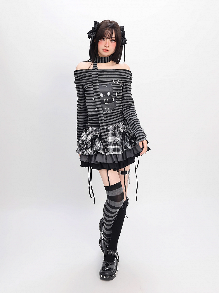 Bittersweet Kitten Print Off-the-shoulder Neckline Black and Gray Striped Top with Scarf