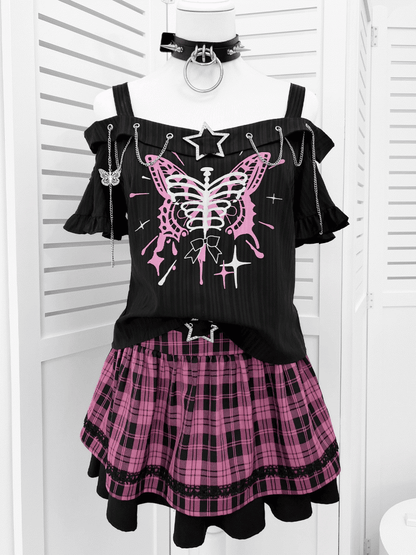 Y2K Chains Embellished Neckline Butterfly Print Black T-shirt with Pink Plaid Skirt Set