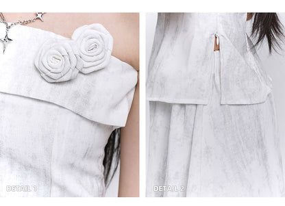 Off-white Floral Embellished Strapless Top / Elastic Waist Skirt