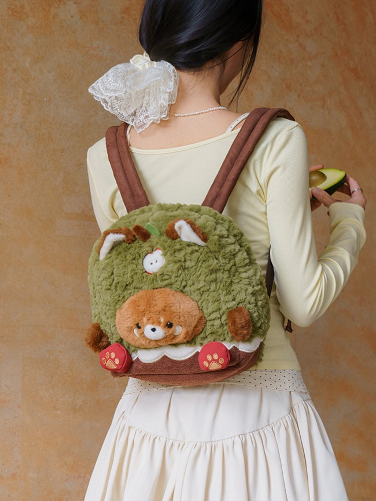 Brown&Green Apple Design Cute Plush Red Panda Backpack Middle/Large Size