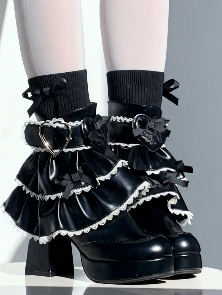 Bow Accents, Stretchy Sock Top Design & Detachable Tiered Ruffles PU Black High Block Heel Boots in Sweet Lolita