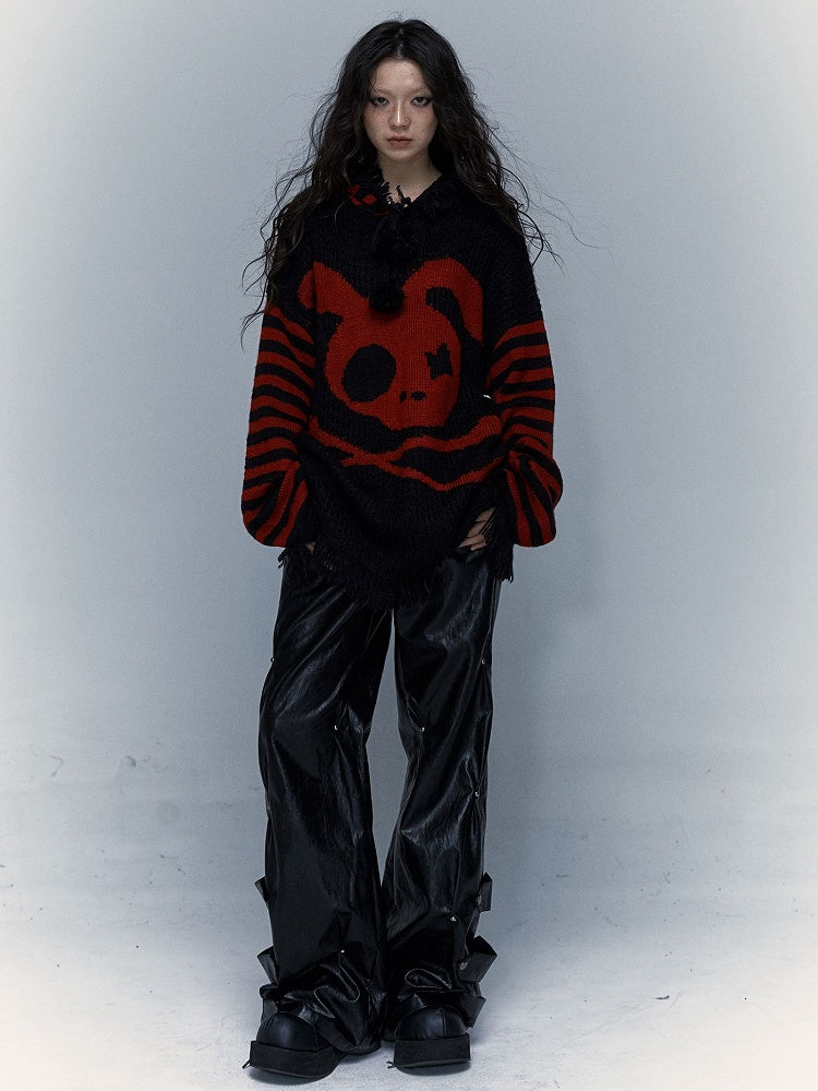 Black and Red Skull Bunny Punk Loose Hooded Sweater with Striped Sleeves
