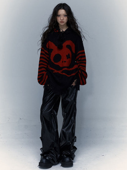 Black and Red Skull Bunny Punk Loose Hooded Sweater with Striped Sleeves