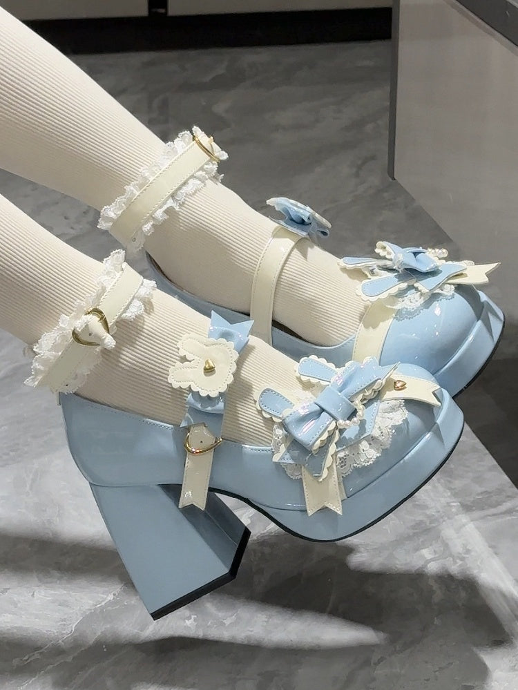 Polished Blue Sweet Lolita Bunny Decorated Bowknot Details Lace Trim Platform High Block Heels