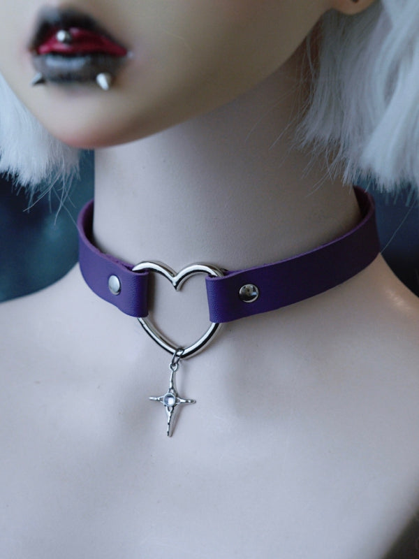 Purple Gothic Cross Pendant Heart Choker