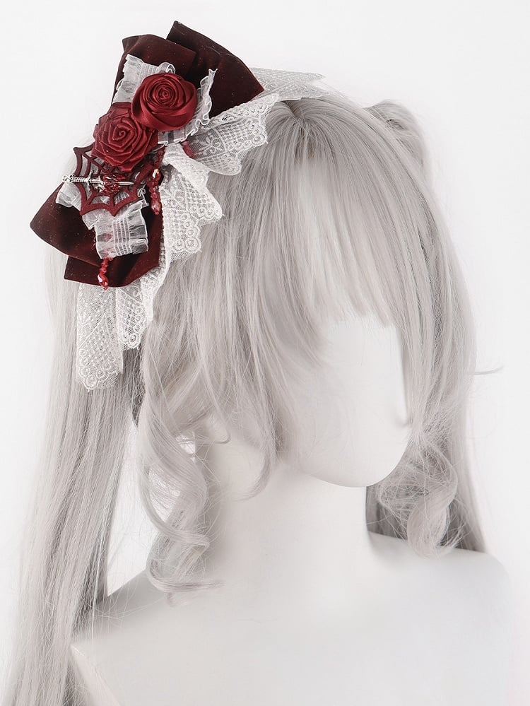 Gothic Spider Web White and Red Rosettes Big Bow Hairclip