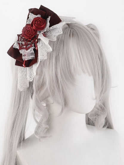 Gothic Spider Web White and Red Rosettes Big Bow Hairclip