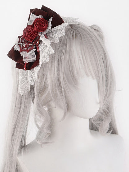 Gothic Spider Web White and Red Rosettes Big Bow Hairclip