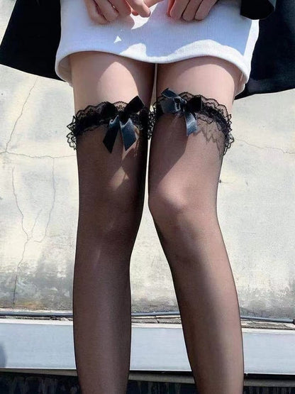 White/Black Semi-sheer Ruffled Lace Cuff Bow Over Knee Stockings