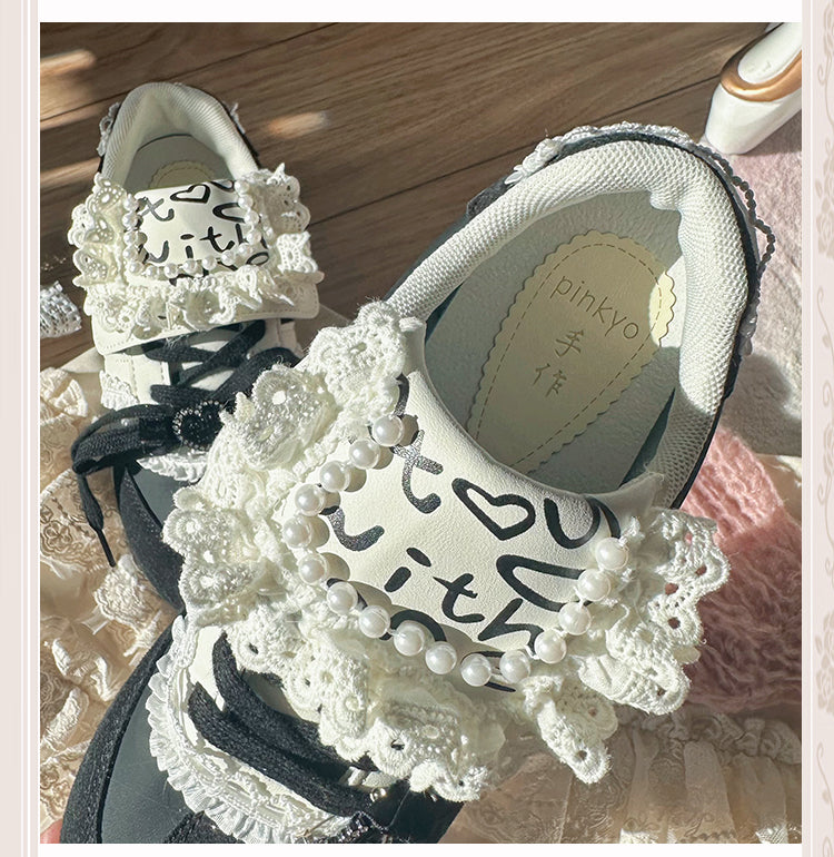 Bead Details Bow Accents Black and White Sneakers