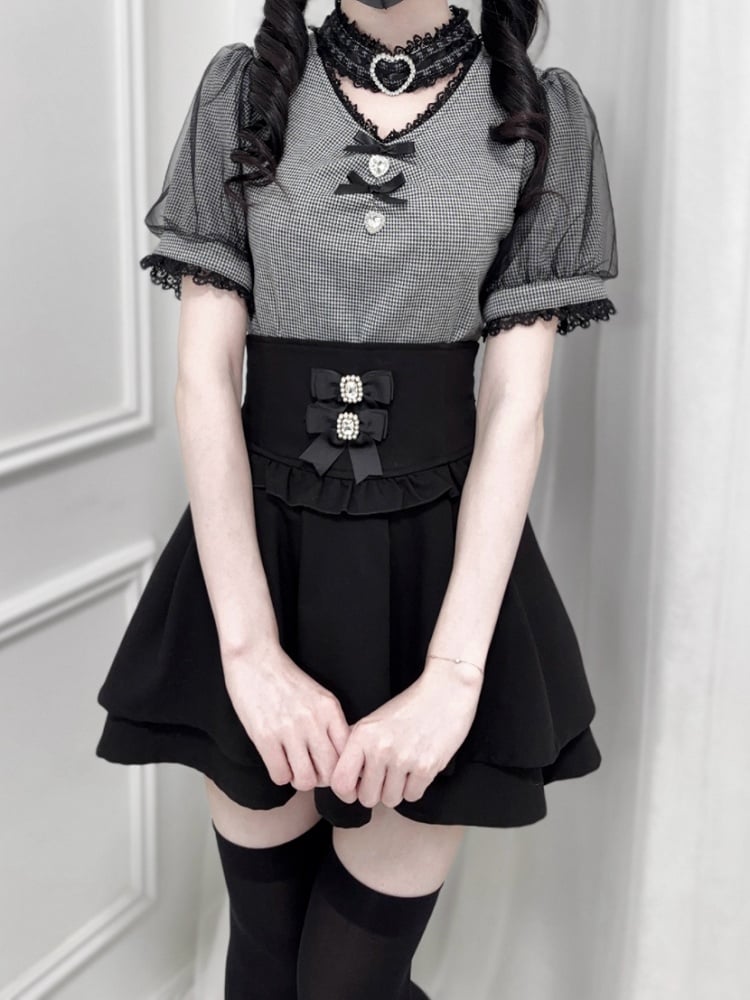 Black Jirai Kei Corset Waist Double-Layered Skirt with Detachable Bowknots