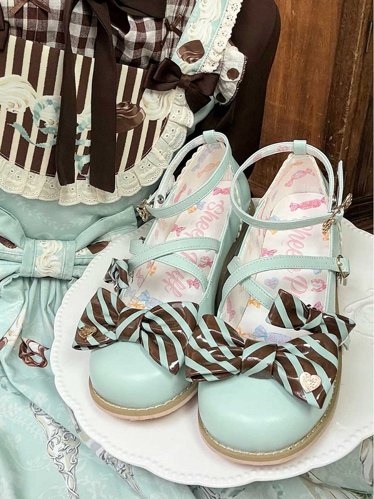 Green&Brown Striped Pattern Bow at Top Crisscross Design Heart Buckles Lolita Shoes