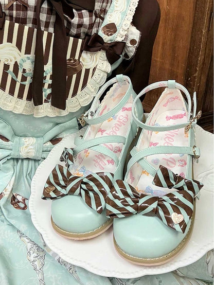 Green&Brown Striped Pattern Bow at Top Crisscross Design Heart Buckles Lolita Shoes