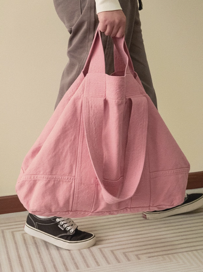 Large-Sized Chic Pink Double-Handle Canvas Tote Bag With Ruffle Accents