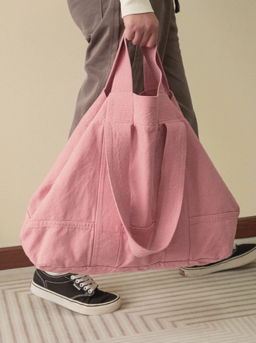 Large-Sized Chic Pink Double-Handle Canvas Tote Bag With Ruffle Accents