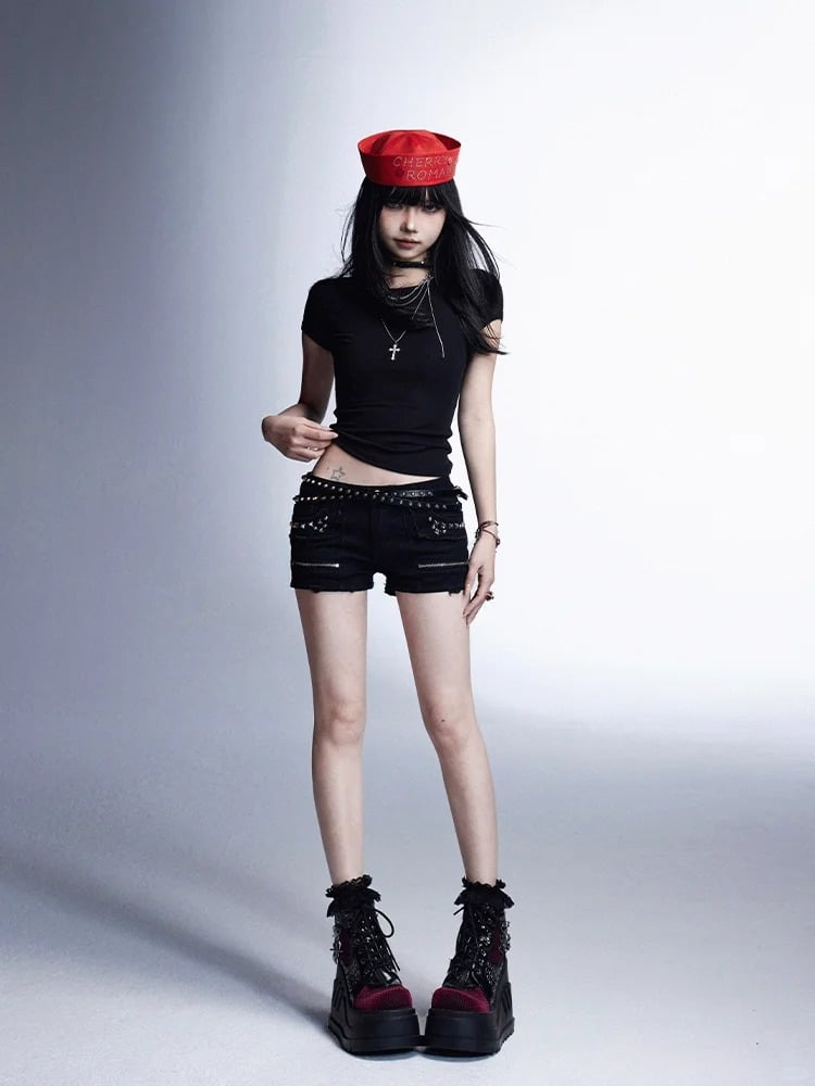 Black Low Waist Studded Glamorous Shorts with Zippers Detail