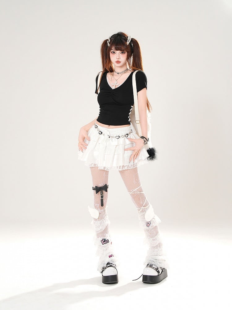 White/Black V-neck Lace Trim Lace-up Side Slim-fitting T-shirt