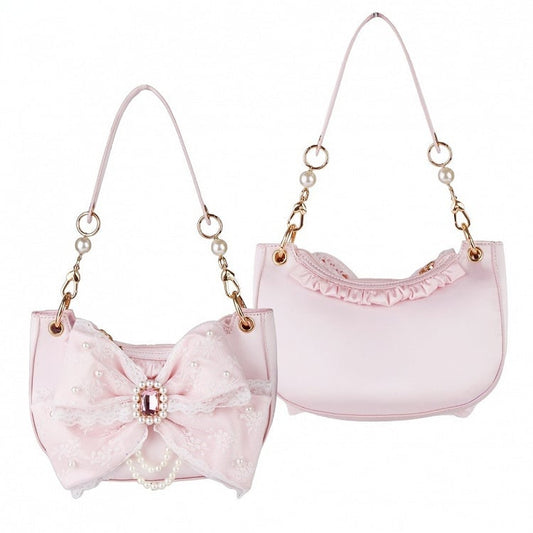Satin Pink Sweet Lolita Underarm Bag - Large Lace Bow with Crystal & Beads Embellishments