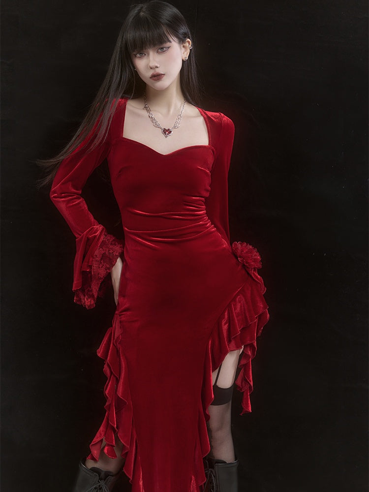 Red Velvet Lace Bell Sleeves Asymmetrical Ruffle Hem Dress