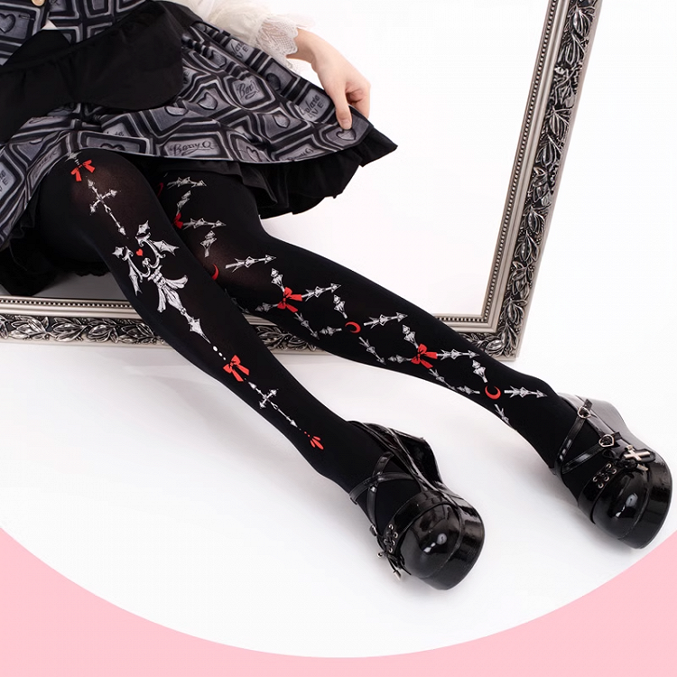 Black Gothic Lolita Red Bows Print Tights