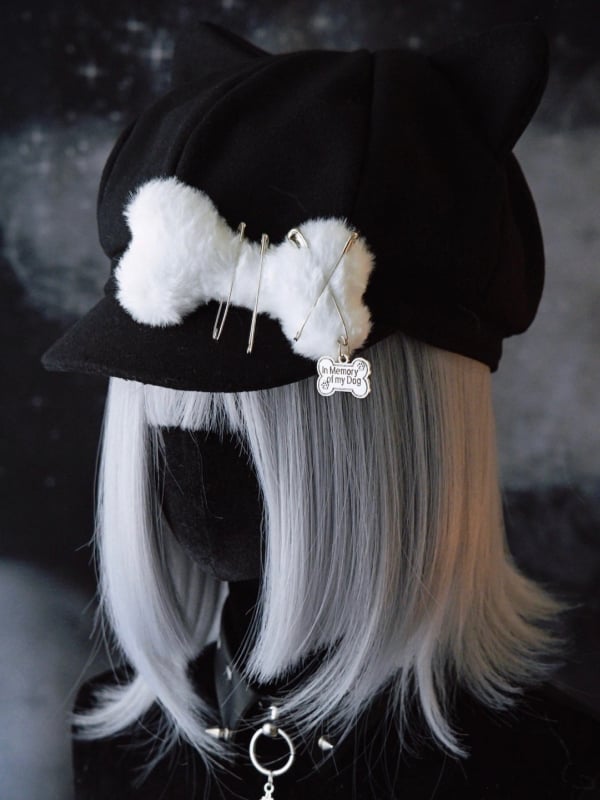 Black Gothic Pin Decorated Plush Bone Design Cat Ear Beret Hat