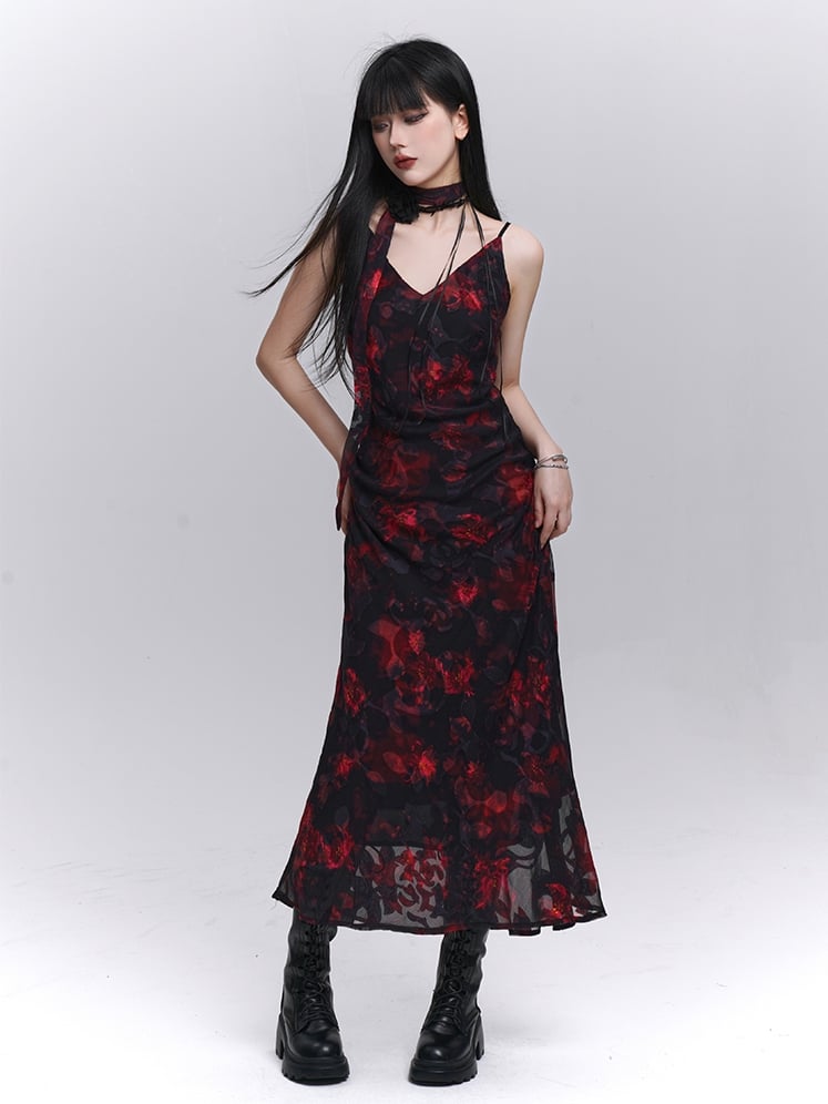 Red and Black V-Neck Ankle Length Floral Slip Dress
