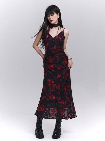 Red and Black V-Neck Ankle Length Floral Slip Dress