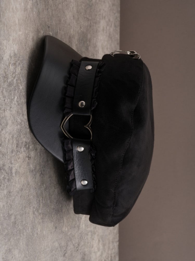Black Gothic Pin Decorated Ruffled Trim Beret Hat