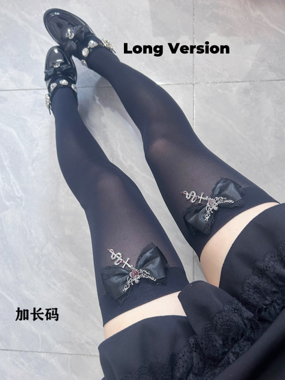 Gothic Red Metal Snake Black Bowknot Accents Jirai Kei Over Knee Stockings Regular/Long Version