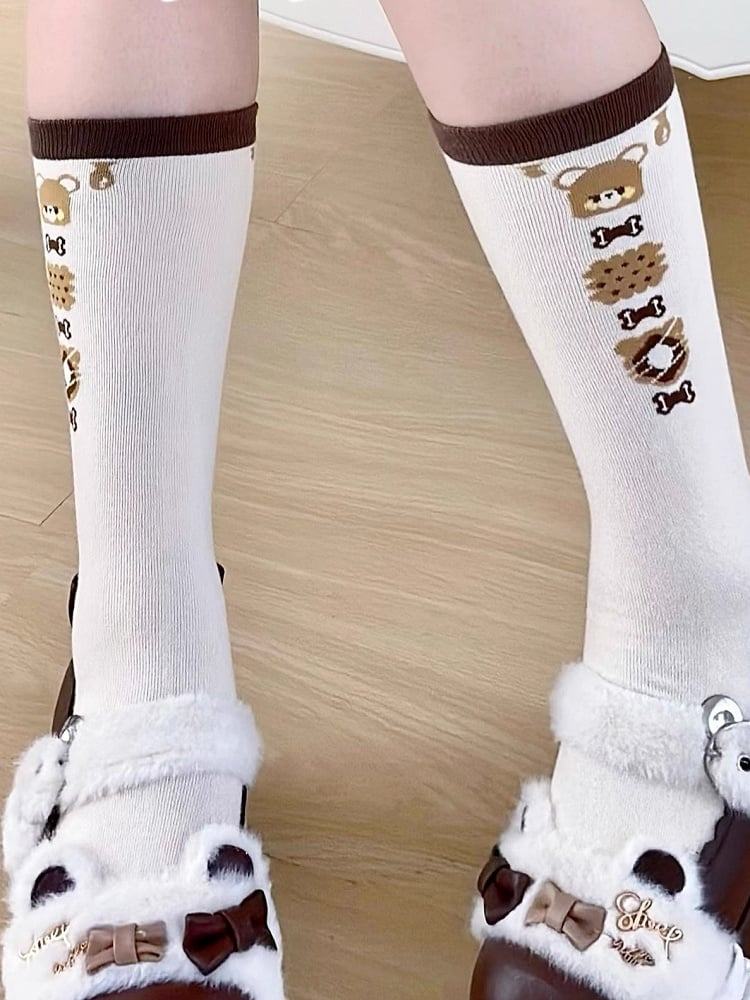 Brown Bear and Cookies Pattern Lolita Calf Socks