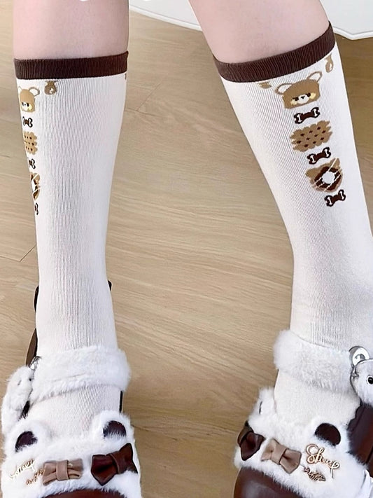 Brown Bear and Cookies Pattern Lolita Calf Socks