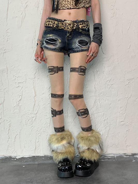 Nude Punk Buckle Straps Print Tights＋White&Brown Shaggy Leg Warmers Set