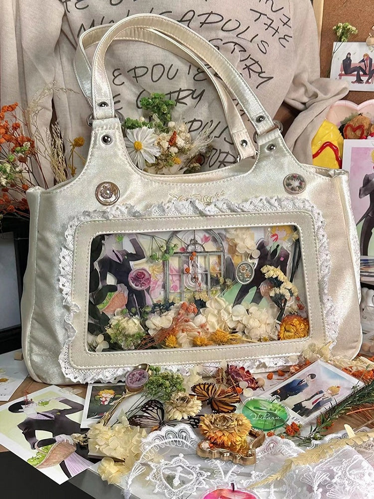 Kawaii Satin Lace Trim Creamy White Daily Ita bag with Card Holder Charm