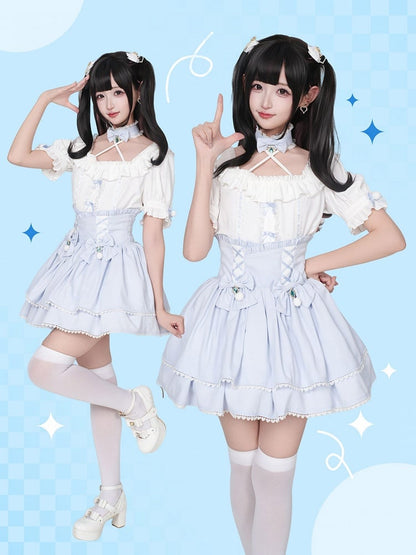 Baby Blue Jirai Kei Pompom Bows Adorned High Waist Skirt Smocked Elastic Back Waist