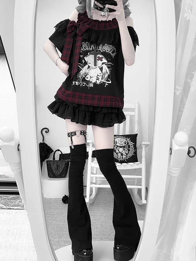 Yami Kawaii Angel Kitten Print Off-the-shoulder Neckline Black and Red Plaid T-Shirt