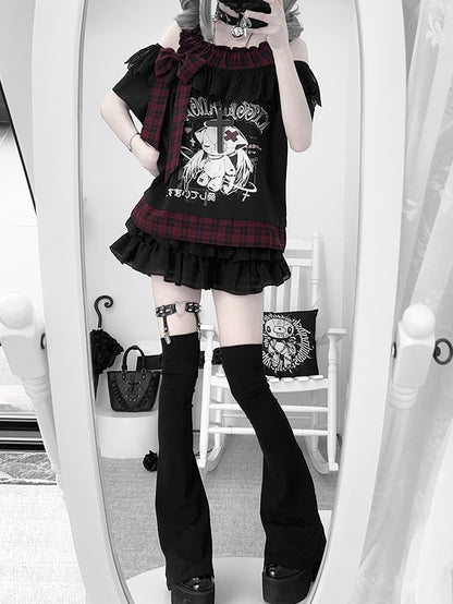Yami Kawaii Angel Kitten Print Off-the-shoulder Neckline Black and Red Plaid T-Shirt