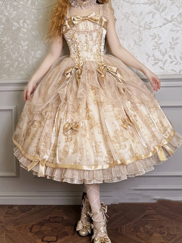 Champagne Corset Waist Drawstring Overlay Skirt Lolita Jumper Skirt