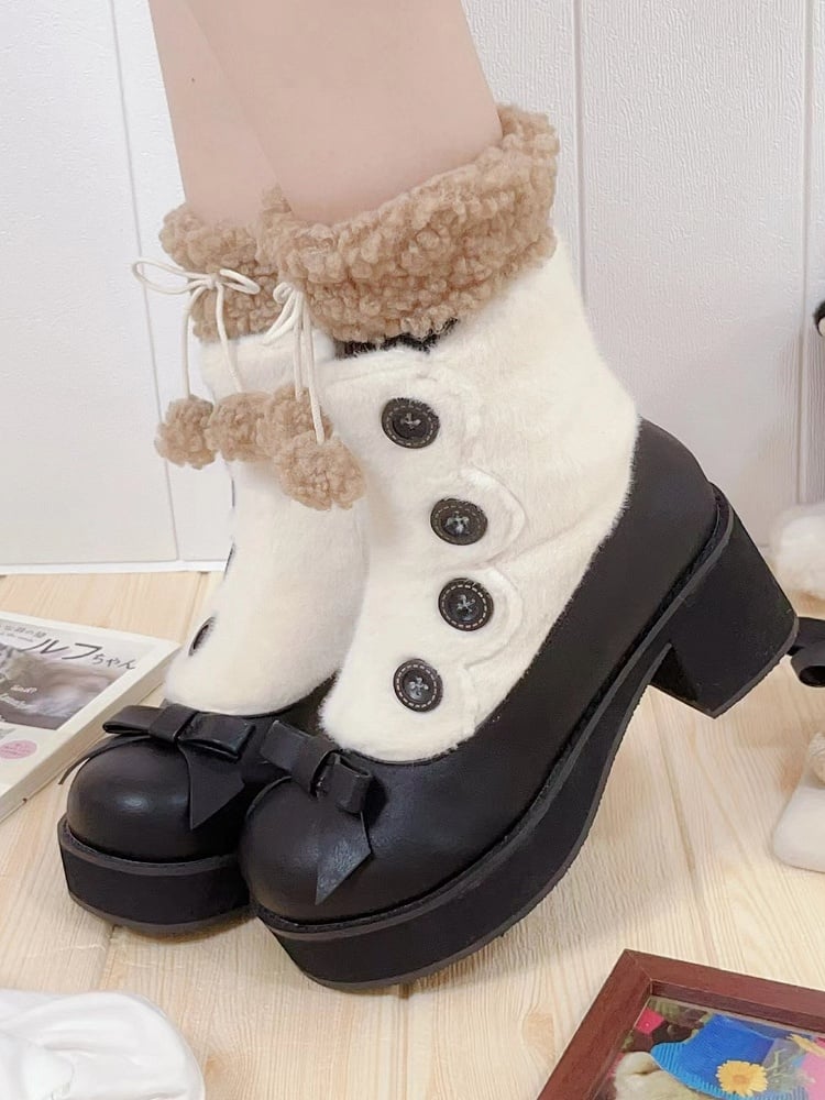 Fleece Lining with Button Embellishments & Functional Inner Zip Design 4cm/6cm Black & White Winter Boots in Elegant Lolita