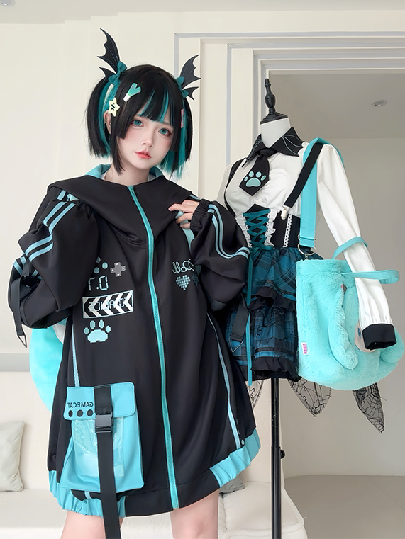 Black and Blue Futuristic Techwear Cyberpunk Hooded Jacket