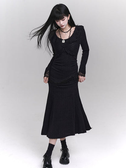 Black Round Neck Bead Details Slim-fitting Mermaid Dress